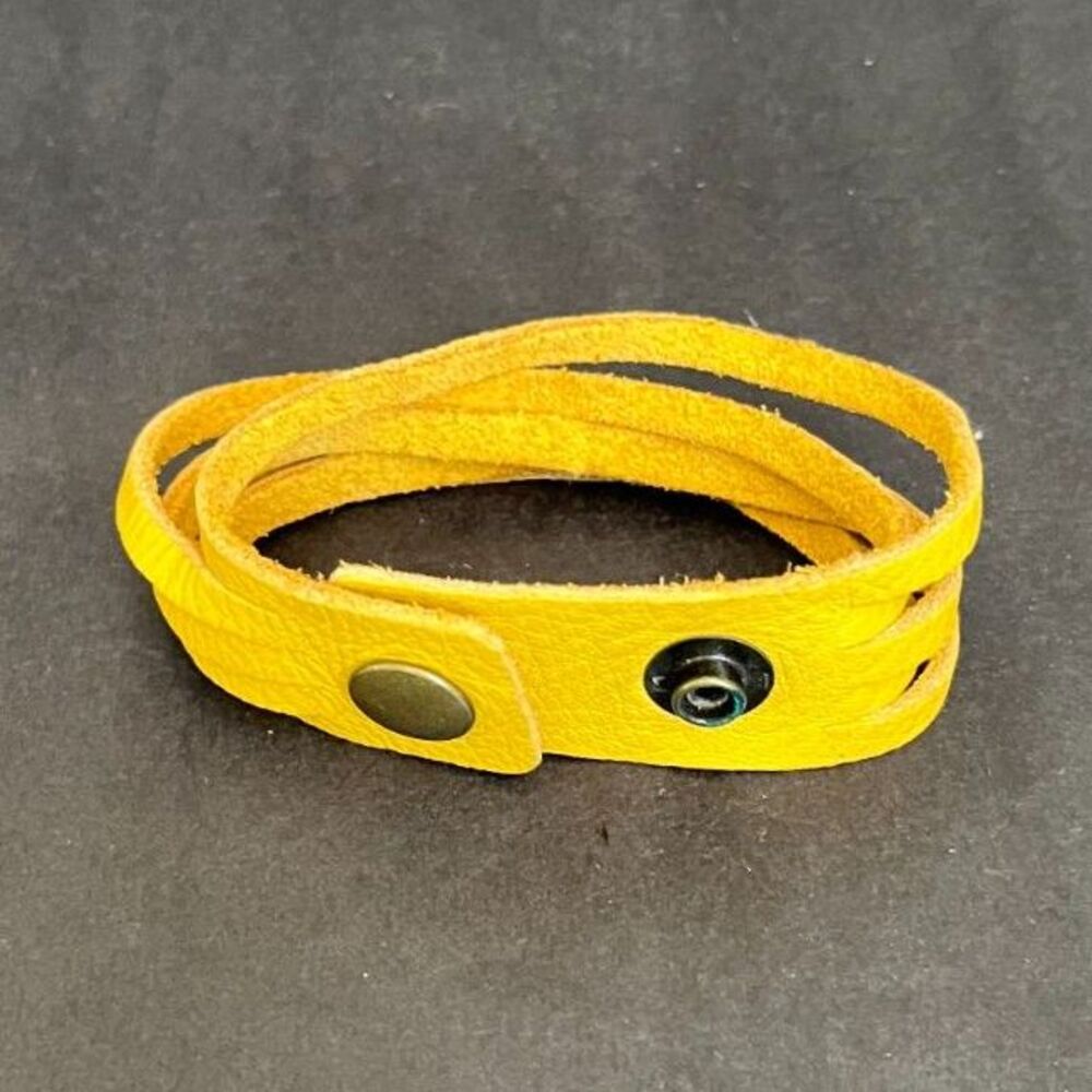 Yellow Leather Wrap Bracelet Wrap Snap Closure Adjustable Cuff